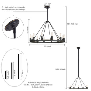 ALVA 12-Lights Wagon Wheel Round modern Farmhouse Chandelier Bronze E12 Base - 7Pandas USA Lighting Store